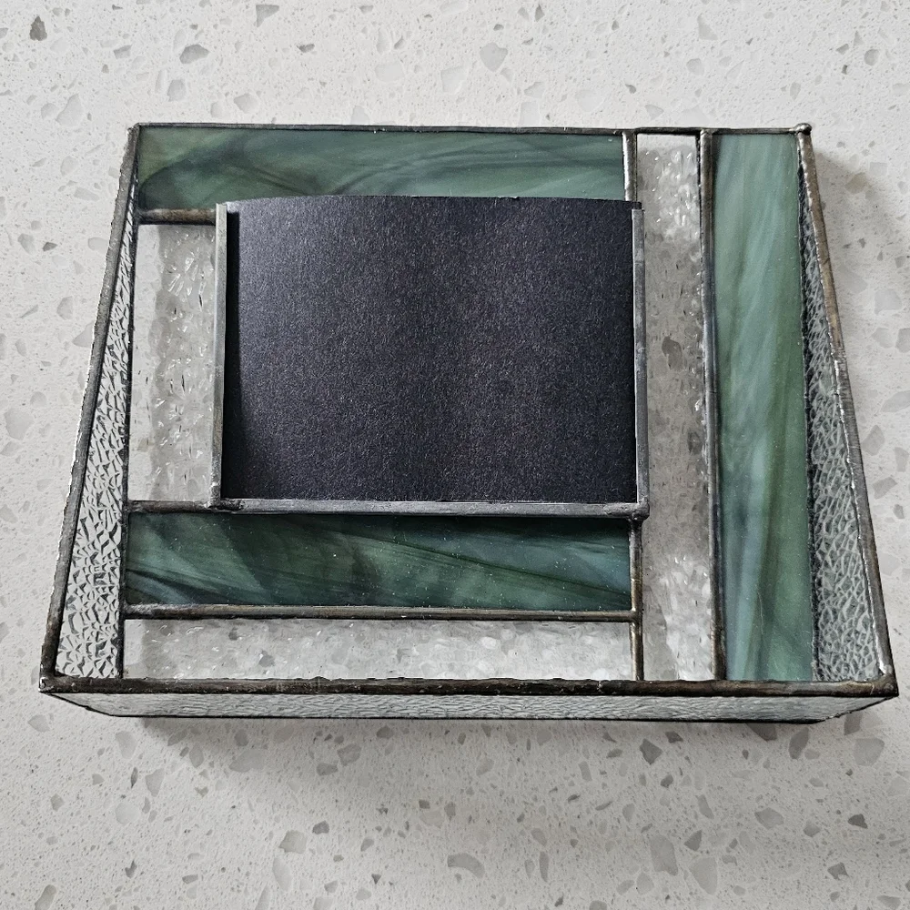 Vintage J. Devlin Stained Glass Jade Green and Silver Tone Metal Photo Frame